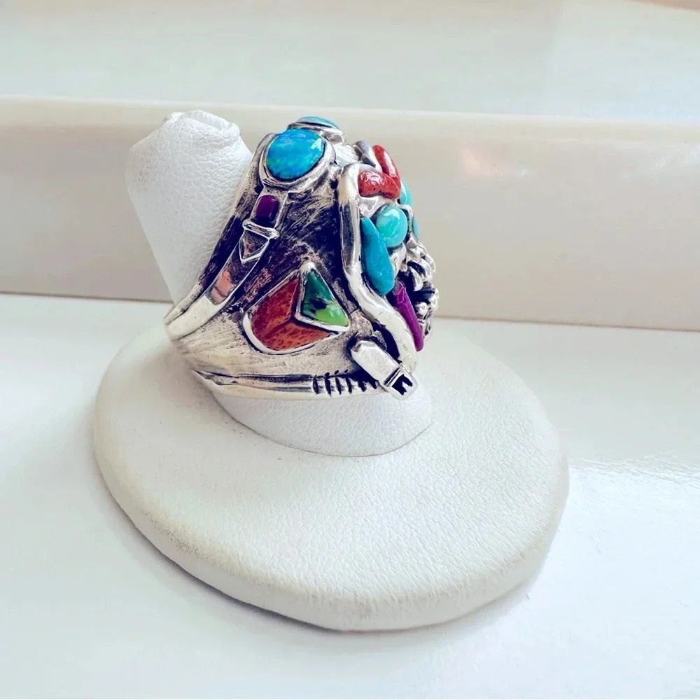 Handmade Sterling Silver & Multi Stone Inlay
Skull/Pilot/Biker/Rocker Ring - Picture 2 of 9